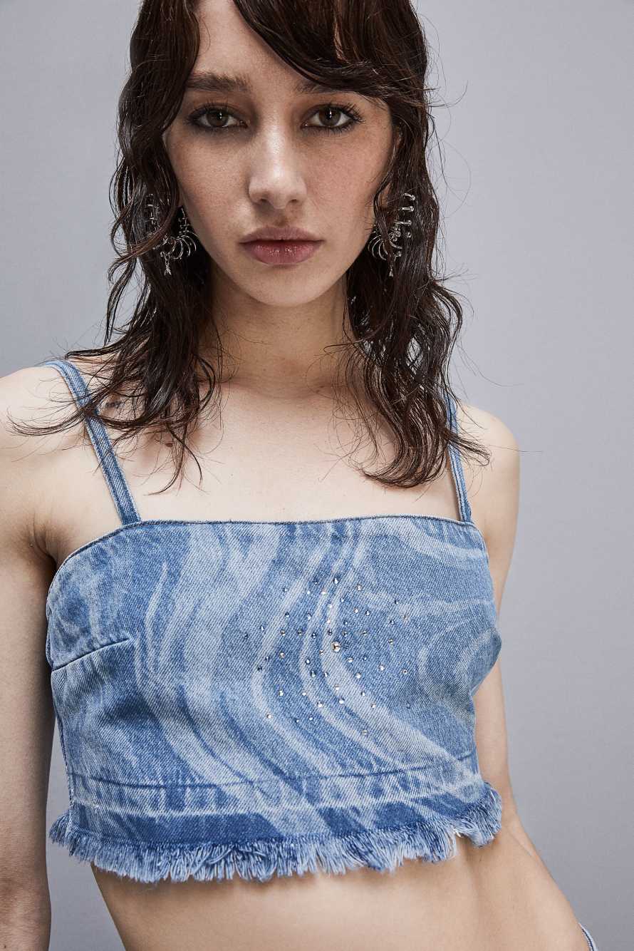 Top avec strass en denim imprim&eacute; et coton, Bleu, Patrizia Pepe