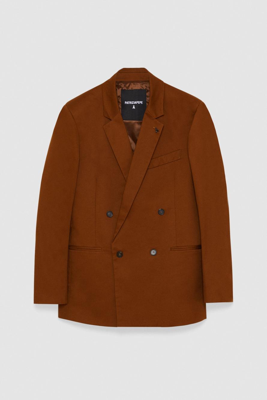 Double-breasted straight jacket in cotton twill, Brown, Patrizia Pepe