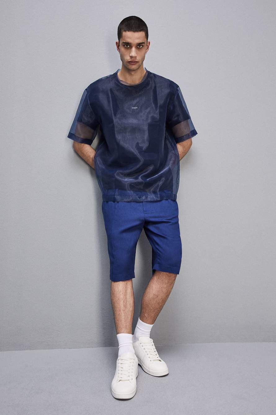 Linen and viscose blend knee-length shorts, Blue, Patrizia Pepe