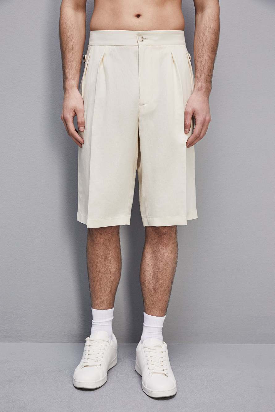 Linen and viscose blend knee-length shorts, Beige, Patrizia Pepe