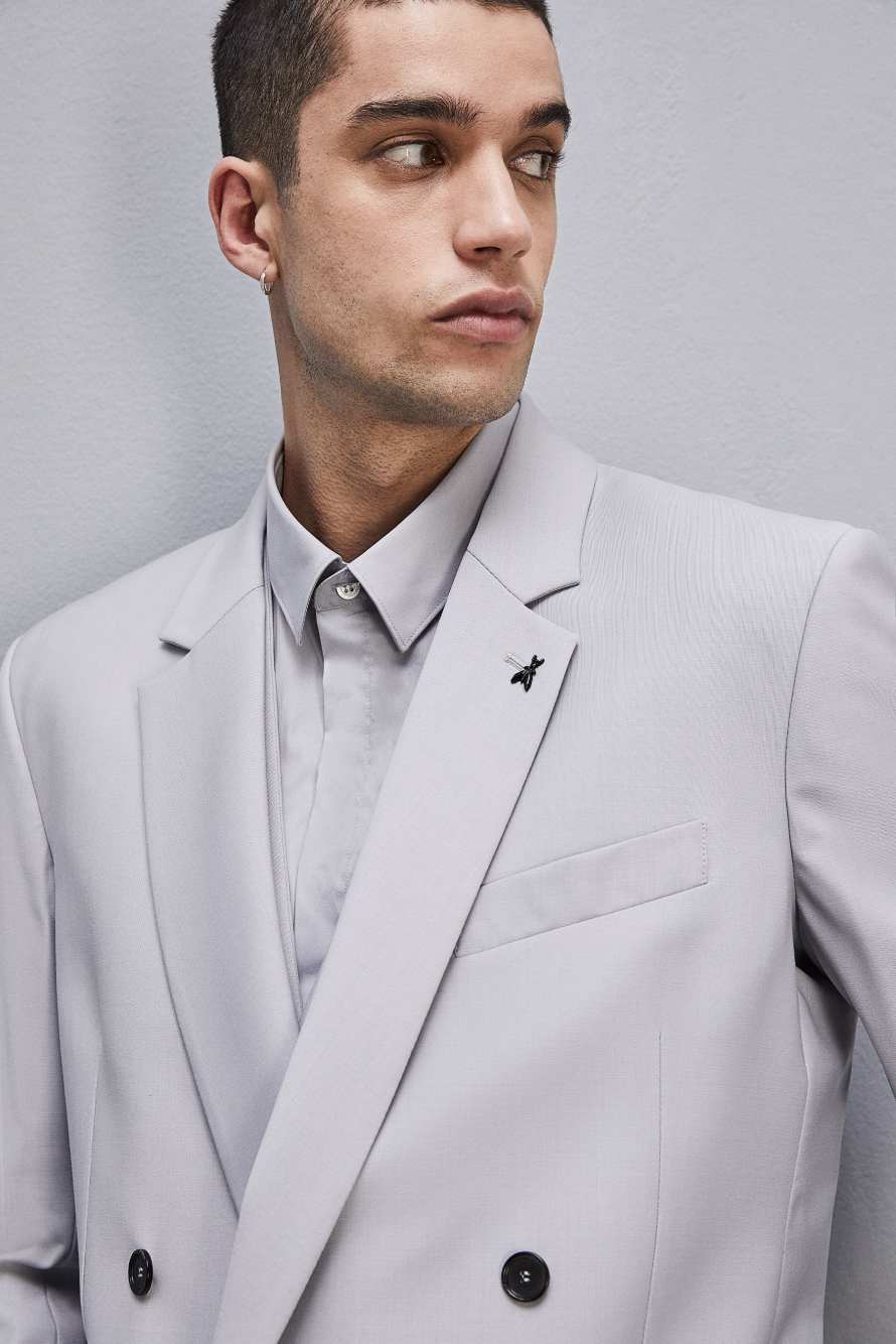 Straight double-breasted jacket in cool wool, Grey, Patrizia Pepe