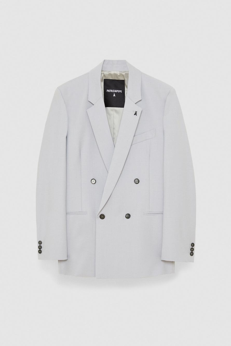 Straight double-breasted jacket in cool wool, Grey, Patrizia Pepe