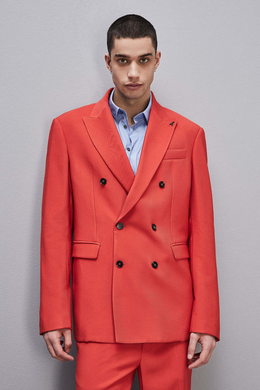 Regular double-breasted jacket in viscose twill, Red, Patrizia Pepe