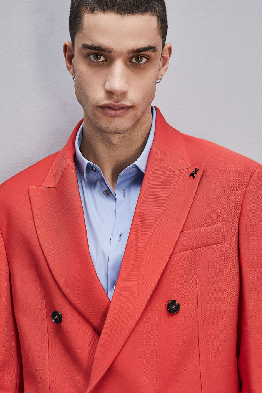 Regular double-breasted jacket in viscose twill, Red, Patrizia Pepe