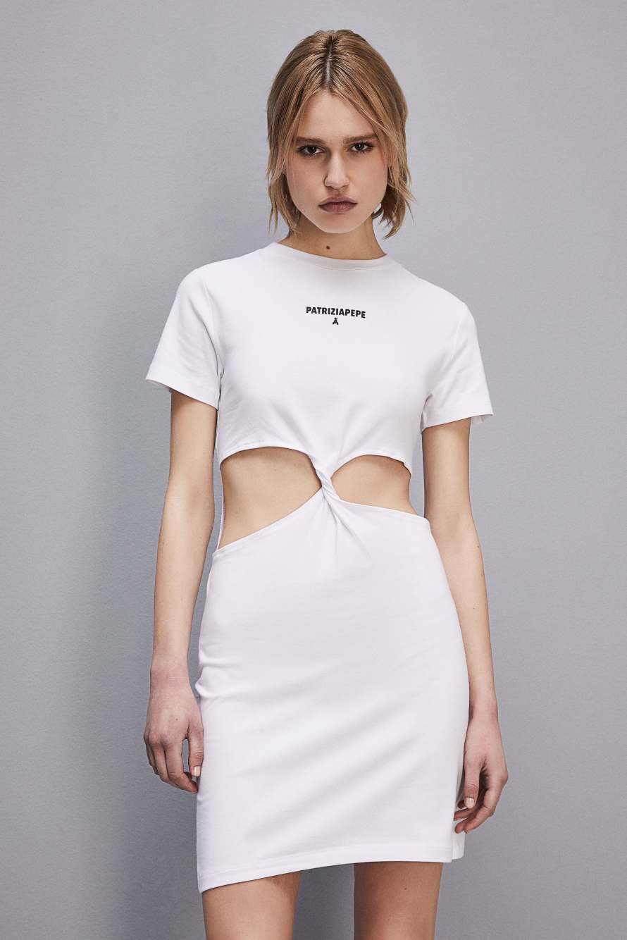 Kleid aus Stretch-Baumwolljersey mit Cut-outs, Wei&szlig;, Patrizia Pepe