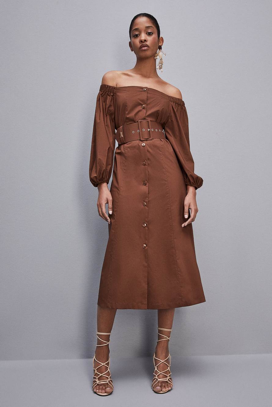 Off-shoulder dress with belt | Brown | Patrizia Pepe