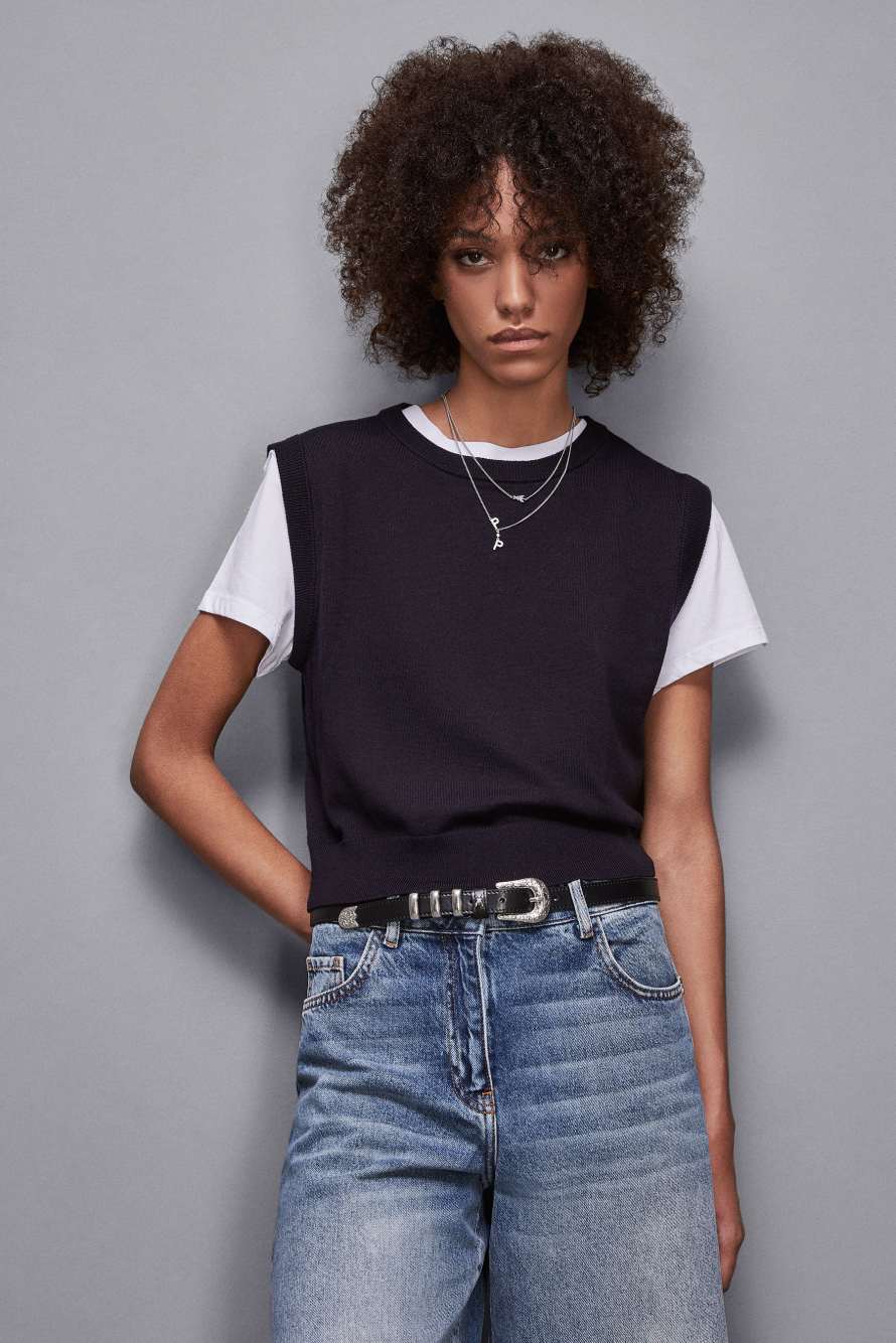 Шерстяной жилет с круглым вырезом горловины, Синий, Patrizia Pepe