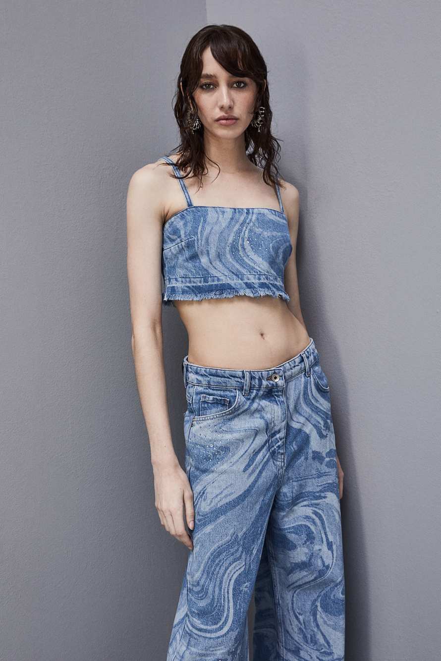 Top avec strass en denim imprim&eacute; et coton, Bleu, Patrizia Pepe