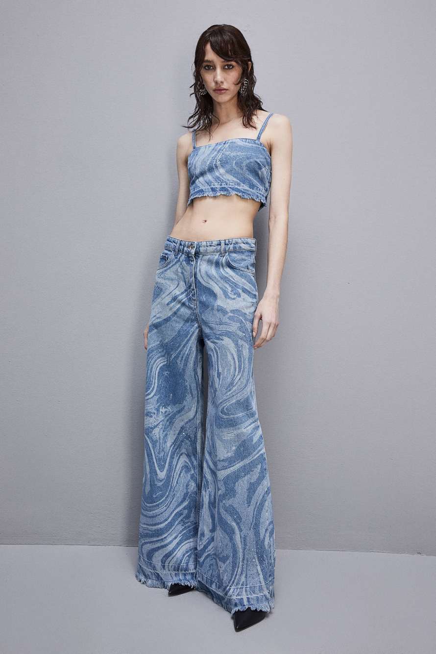 Top avec strass en denim imprim&eacute; et coton, Bleu, Patrizia Pepe