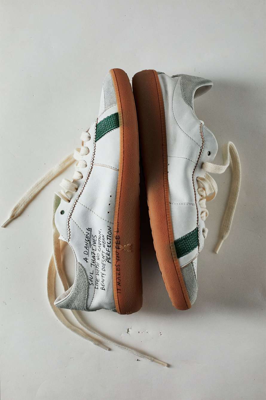 SKIN Sneakers in leather with lettering, White/Green, Patrizia Pepe