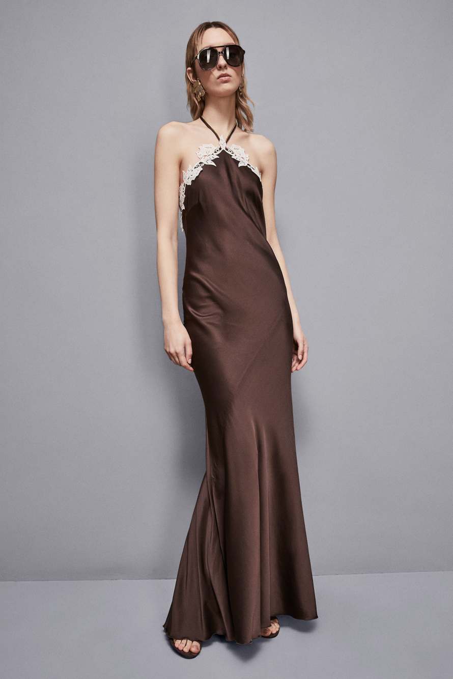 Langes Kleid mit R&uuml;ckenausschnitt, Braun, Patrizia Pepe