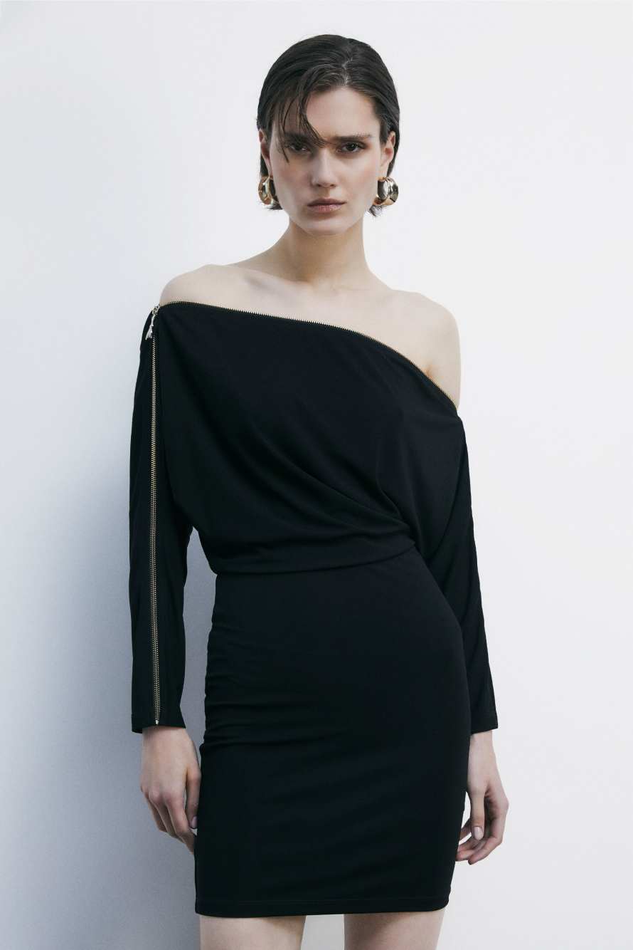 Stretch jersey full zip mini dress, Black, Patrizia Pepe