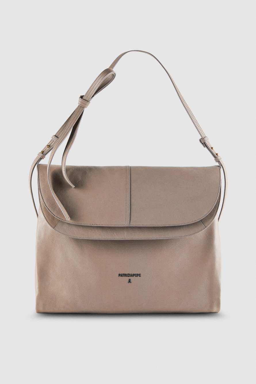 Radical Boho flap leather bag with adjustable strap, Beige, Patrizia Pepe