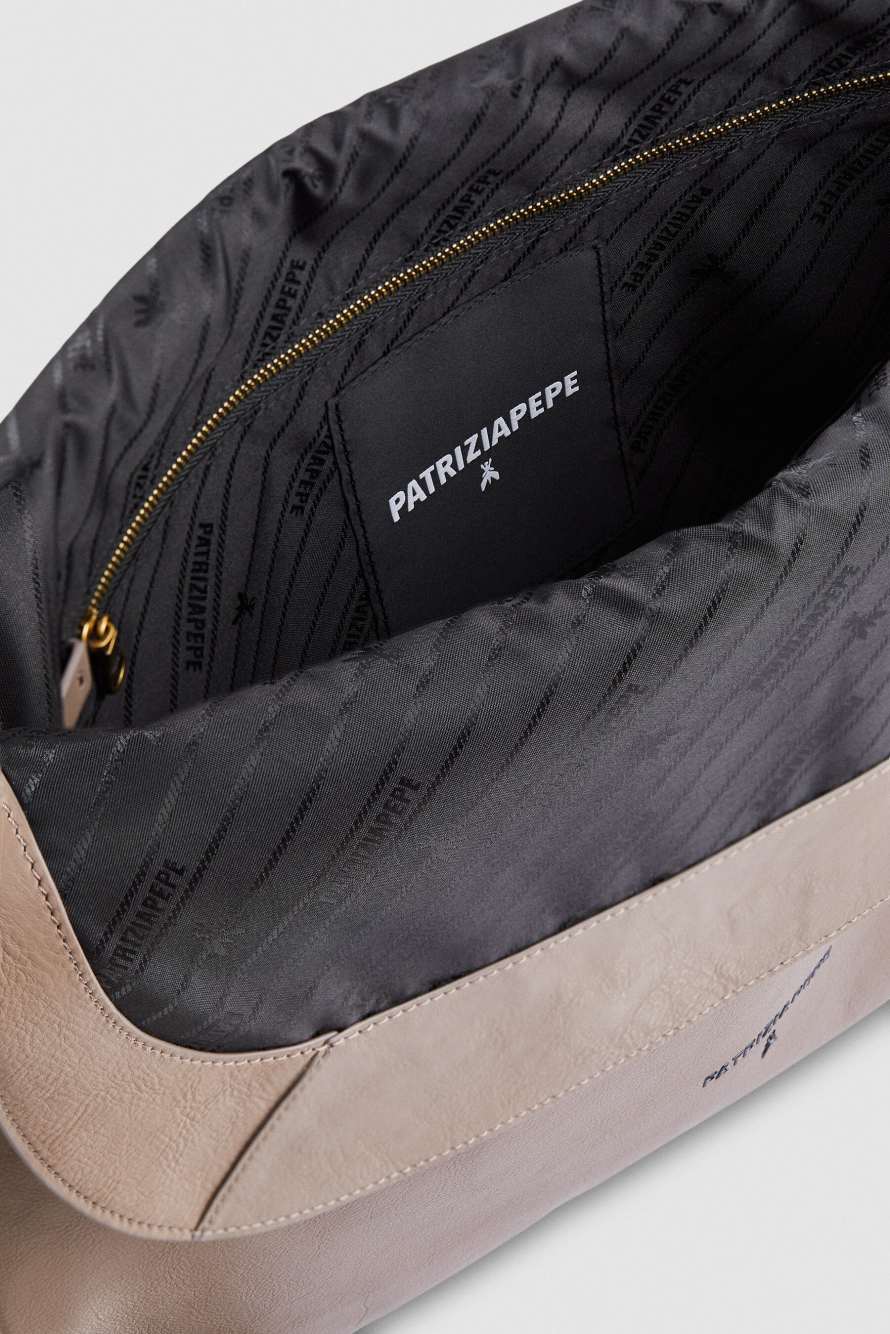 Radical Boho flap leather bag with adjustable strap, Beige, Patrizia Pepe