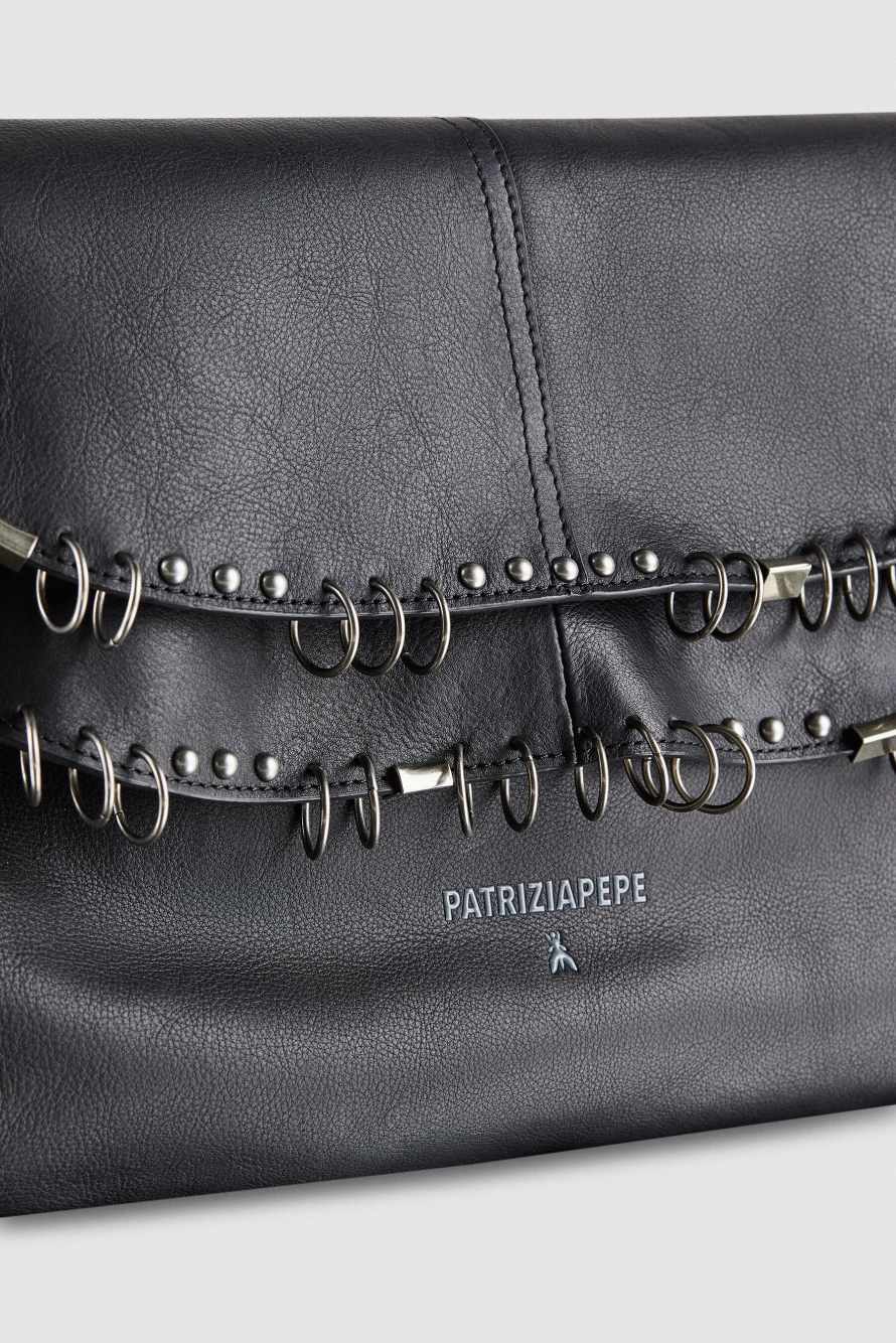 Leather shoulder bag with studs and appliqu&eacute;s, Black, Patrizia Pepe