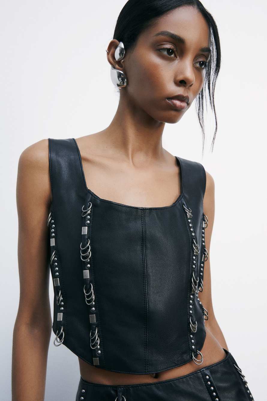 Leather Corset with piercing details, Black, Patrizia Pepe