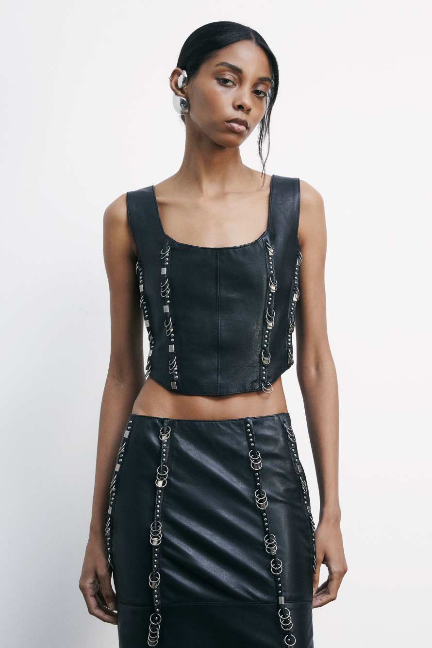 Leather Corset with piercing details, Black, Patrizia Pepe