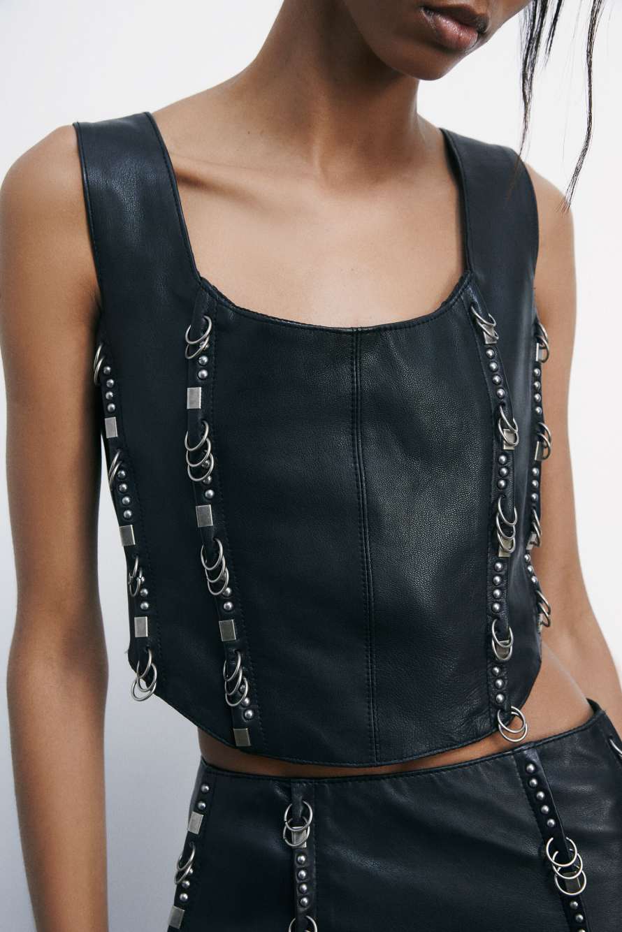 Leather Corset with piercing details, Black, Patrizia Pepe