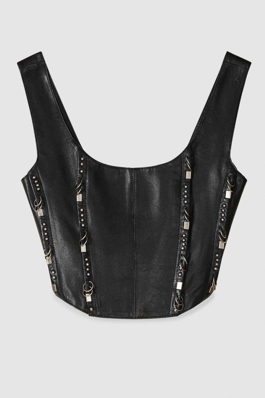 Leather Corset with piercing details, Black, Patrizia Pepe