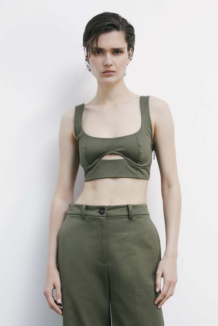 Cotton bustier crop top with cut-out, Green, Patrizia Pepe