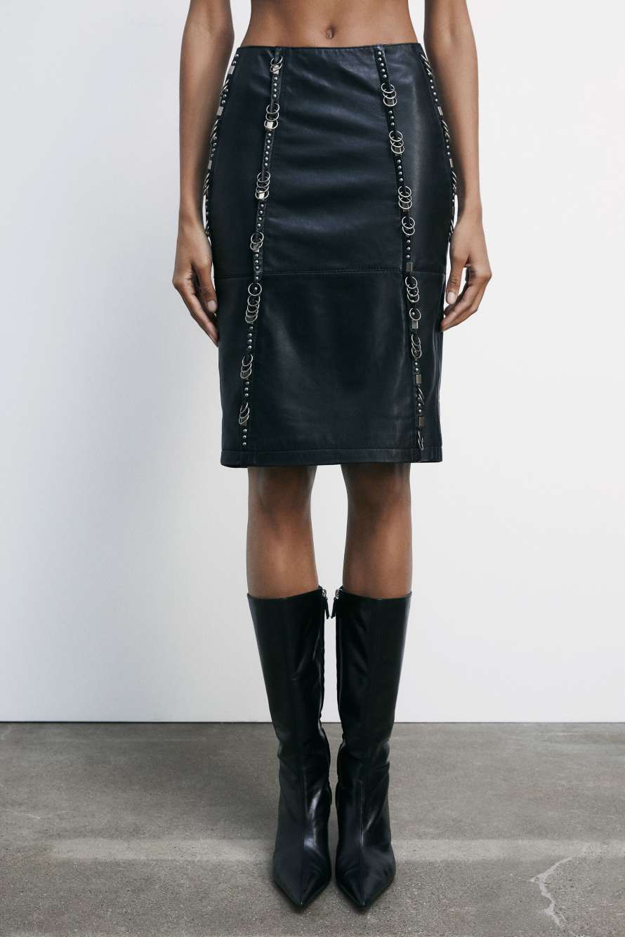 Midi leather skirt with piercings, Black, Patrizia Pepe