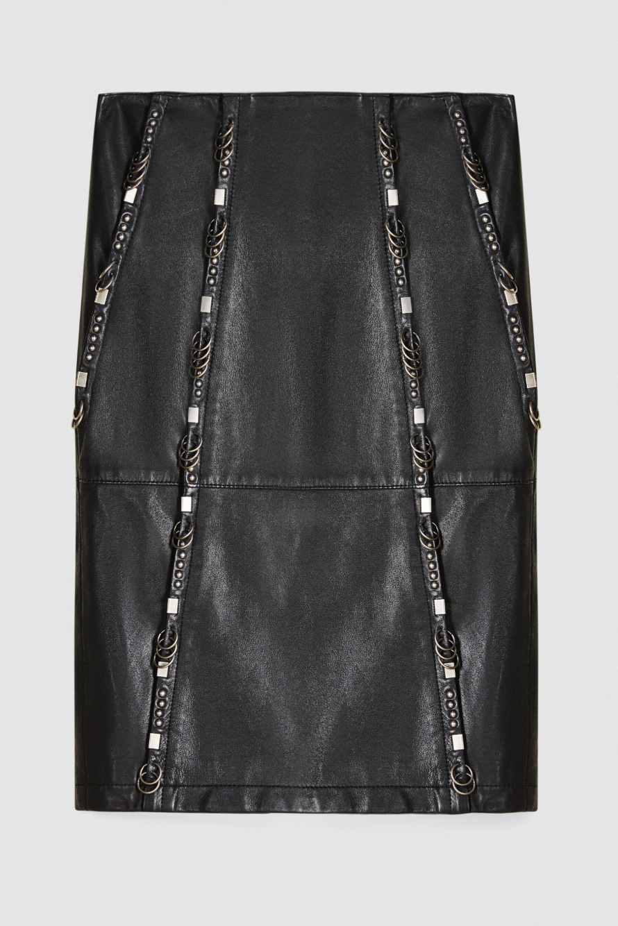 Midi leather skirt with piercings, Black, Patrizia Pepe
