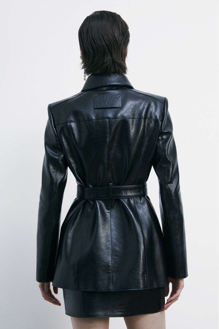 Jacket with belt in coated fabric, Black, Patrizia Pepe