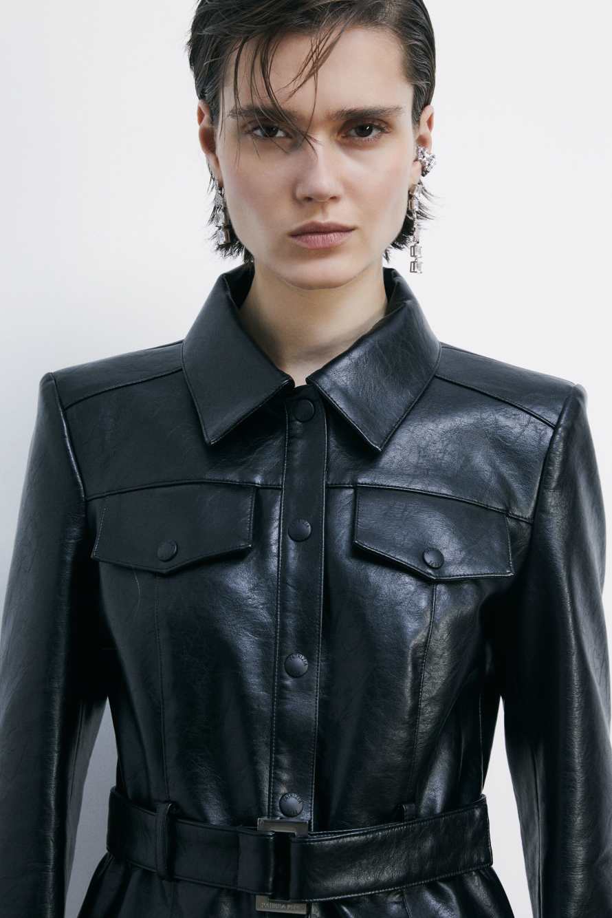 Jacket with belt in coated fabric, Black, Patrizia Pepe