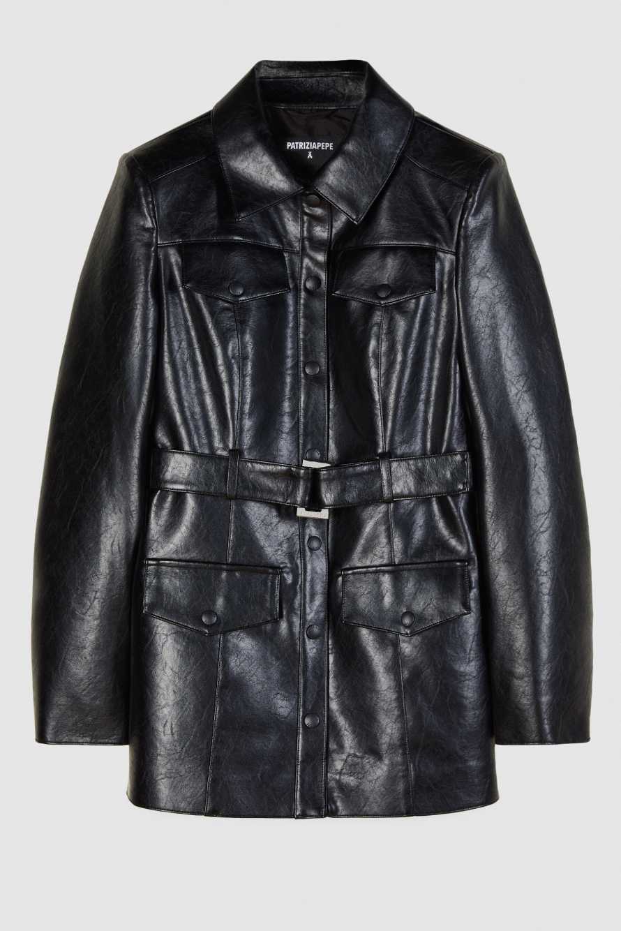 Jacket with belt in coated fabric, Black, Patrizia Pepe