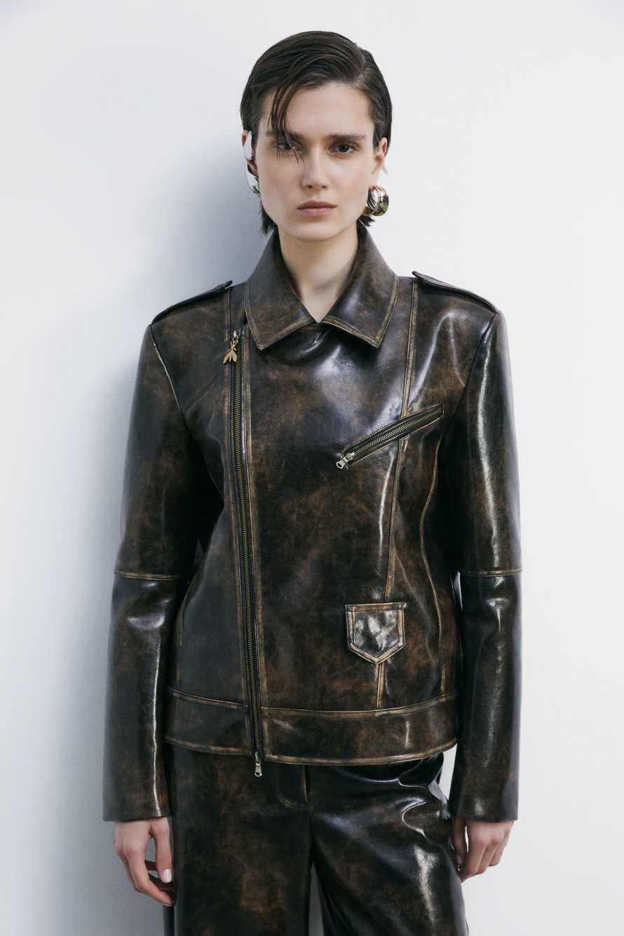Oversized biker jacket in coated fabric, Brown, Patrizia Pepe
