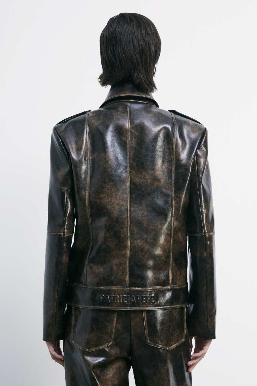 Oversized biker jacket in coated fabric, Brown, Patrizia Pepe