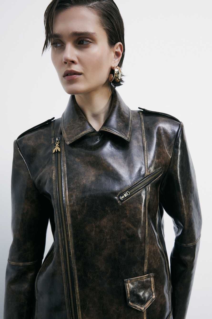 Oversized biker jacket in coated fabric, Brown, Patrizia Pepe