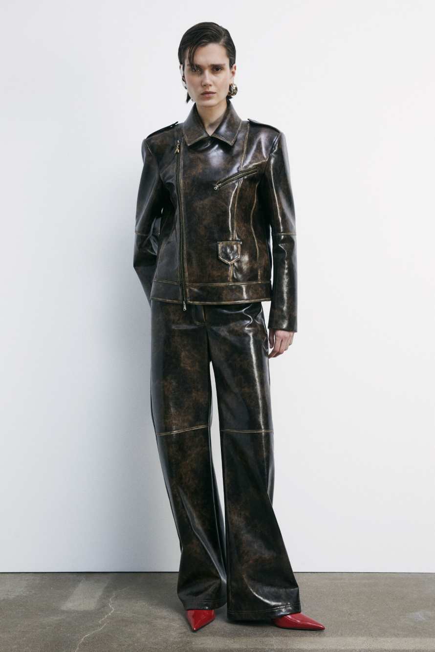 Oversized biker jacket in coated fabric, Brown, Patrizia Pepe