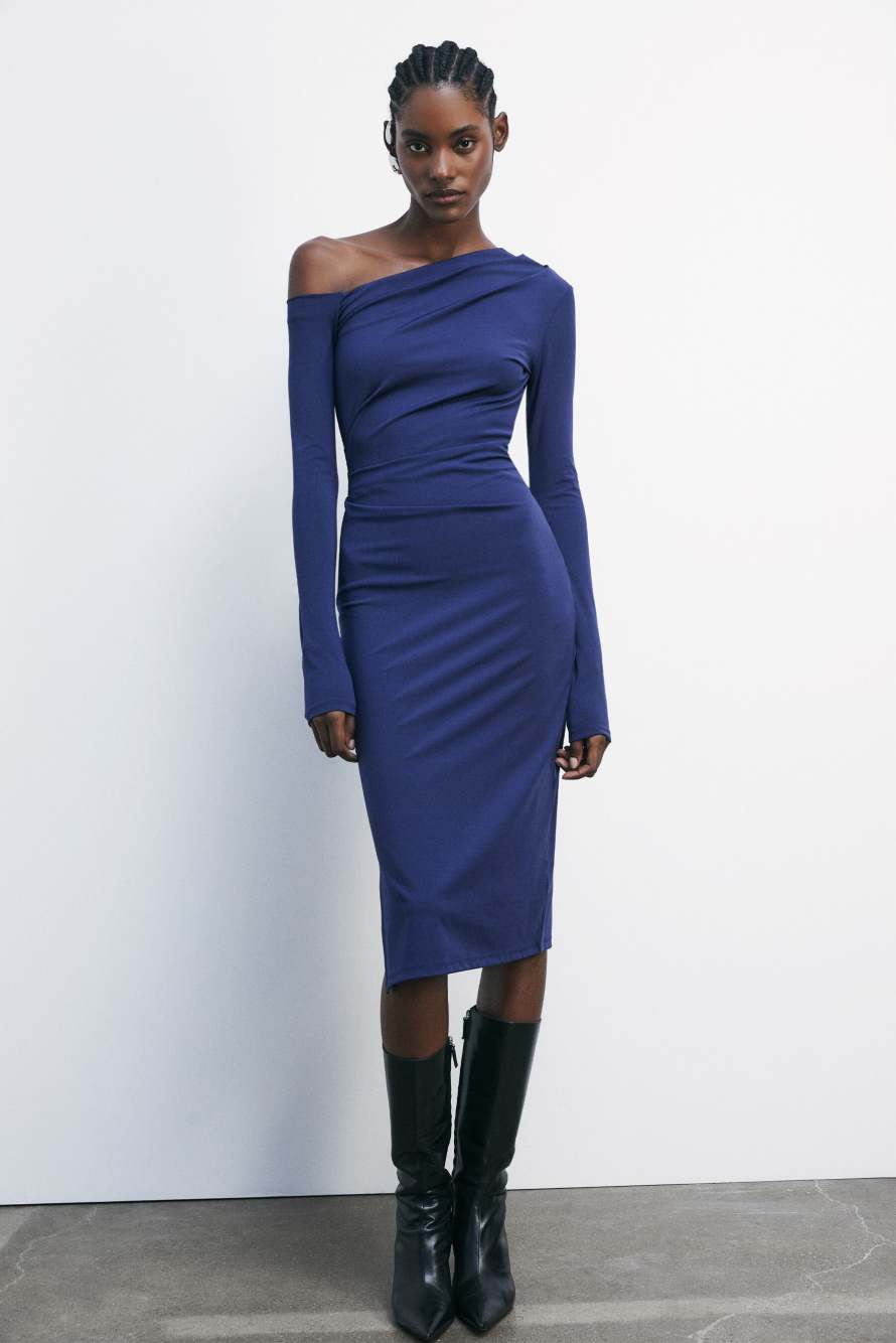 Обтягивающее миди-платье футляр на одно плечо, синий, Patrizia Pepe