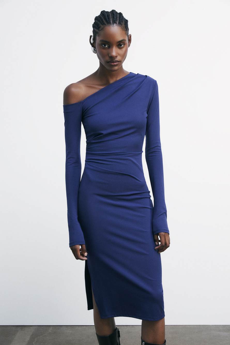 Обтягивающее миди-платье футляр на одно плечо, синий, Patrizia Pepe