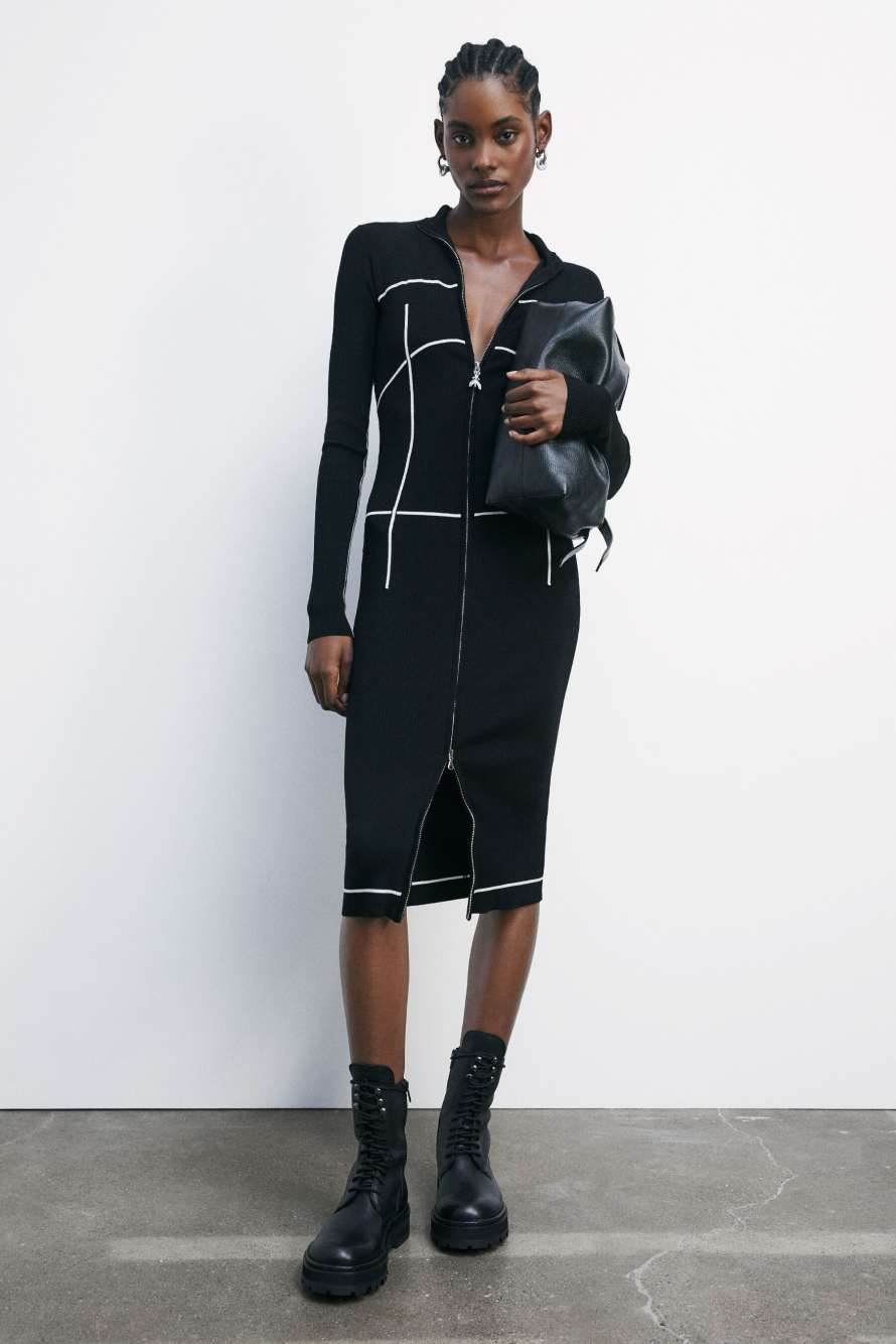 Миди-платье из трикотажа с воротником-гольфом и молнией по всей длине, чёрный / белый, Patrizia Pepe