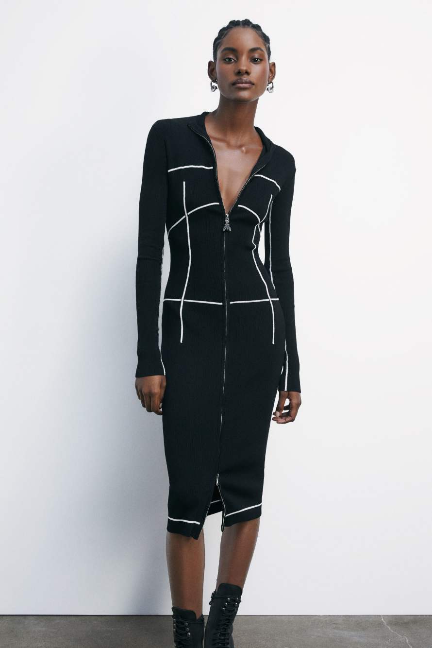 Миди-платье из трикотажа с воротником-гольфом и молнией по всей длине, чёрный / белый, Patrizia Pepe