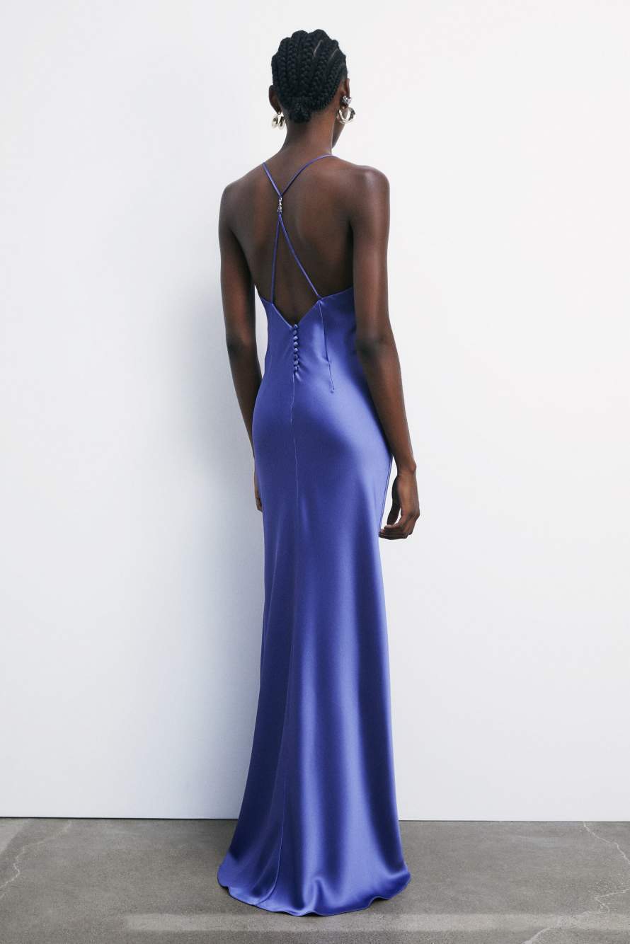 Long fluid dress in satin, Purple, Patrizia Pepe