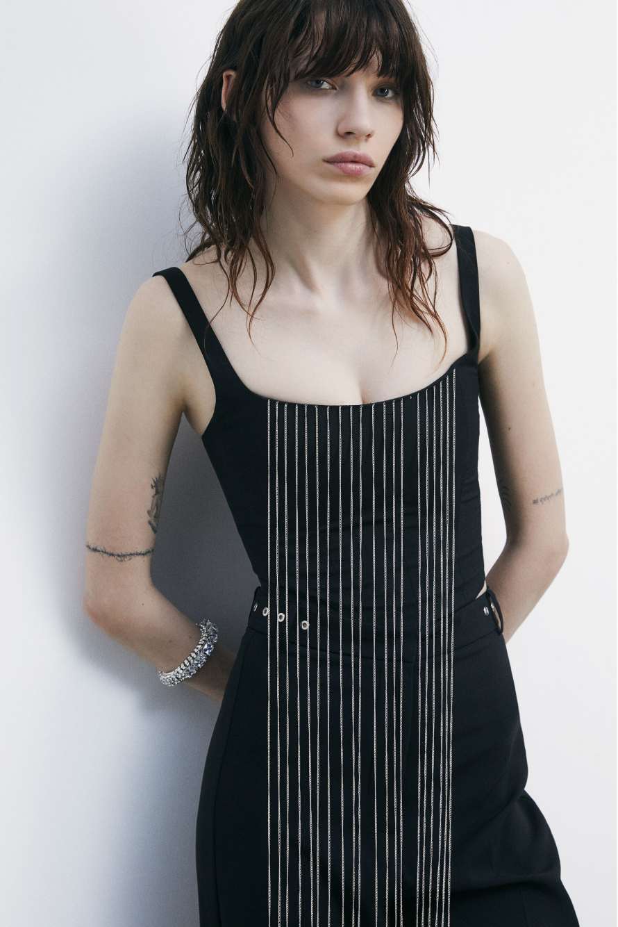 Bustier top with micro chains, Black, Patrizia Pepe