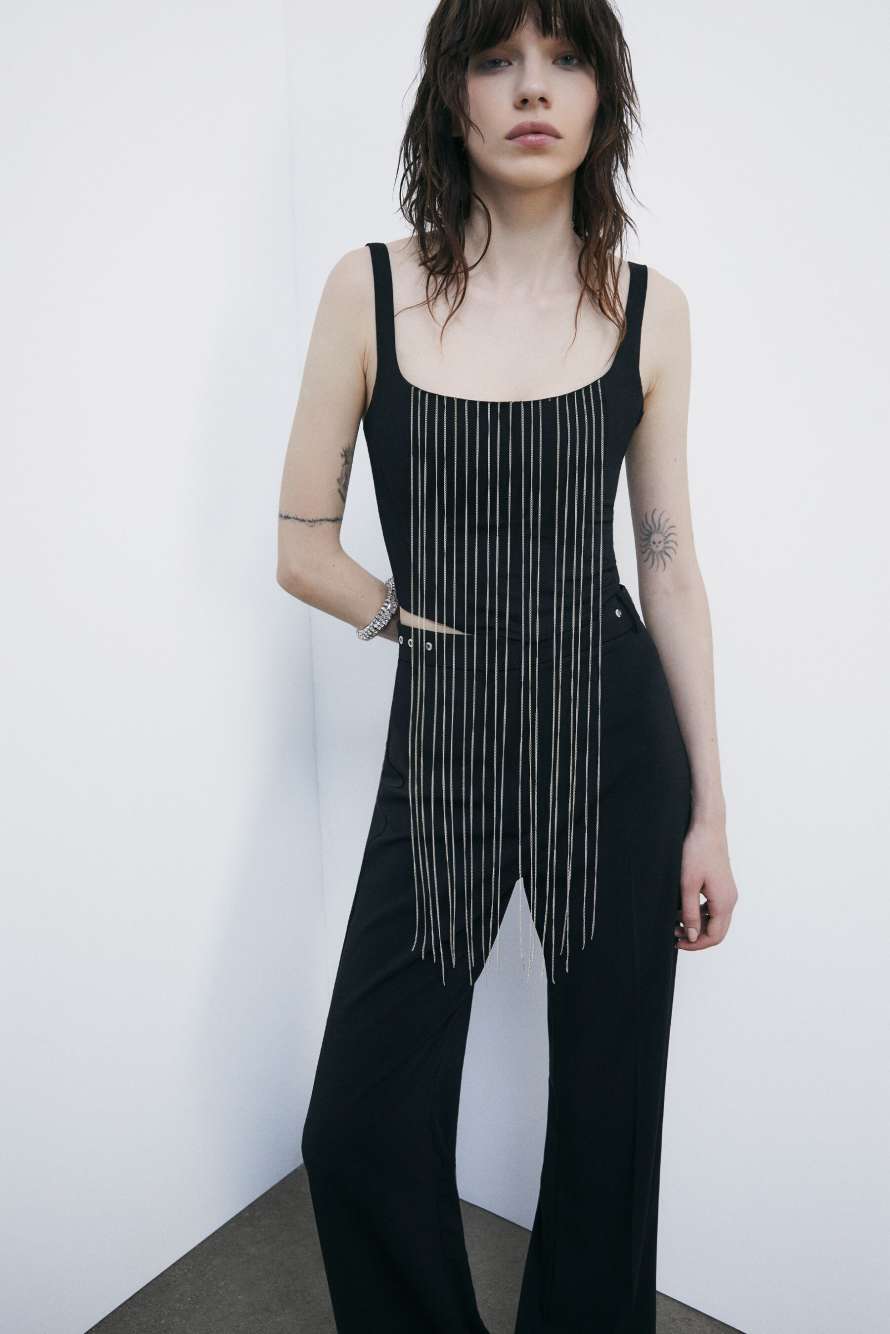 Bustier top with micro chains, Black, Patrizia Pepe