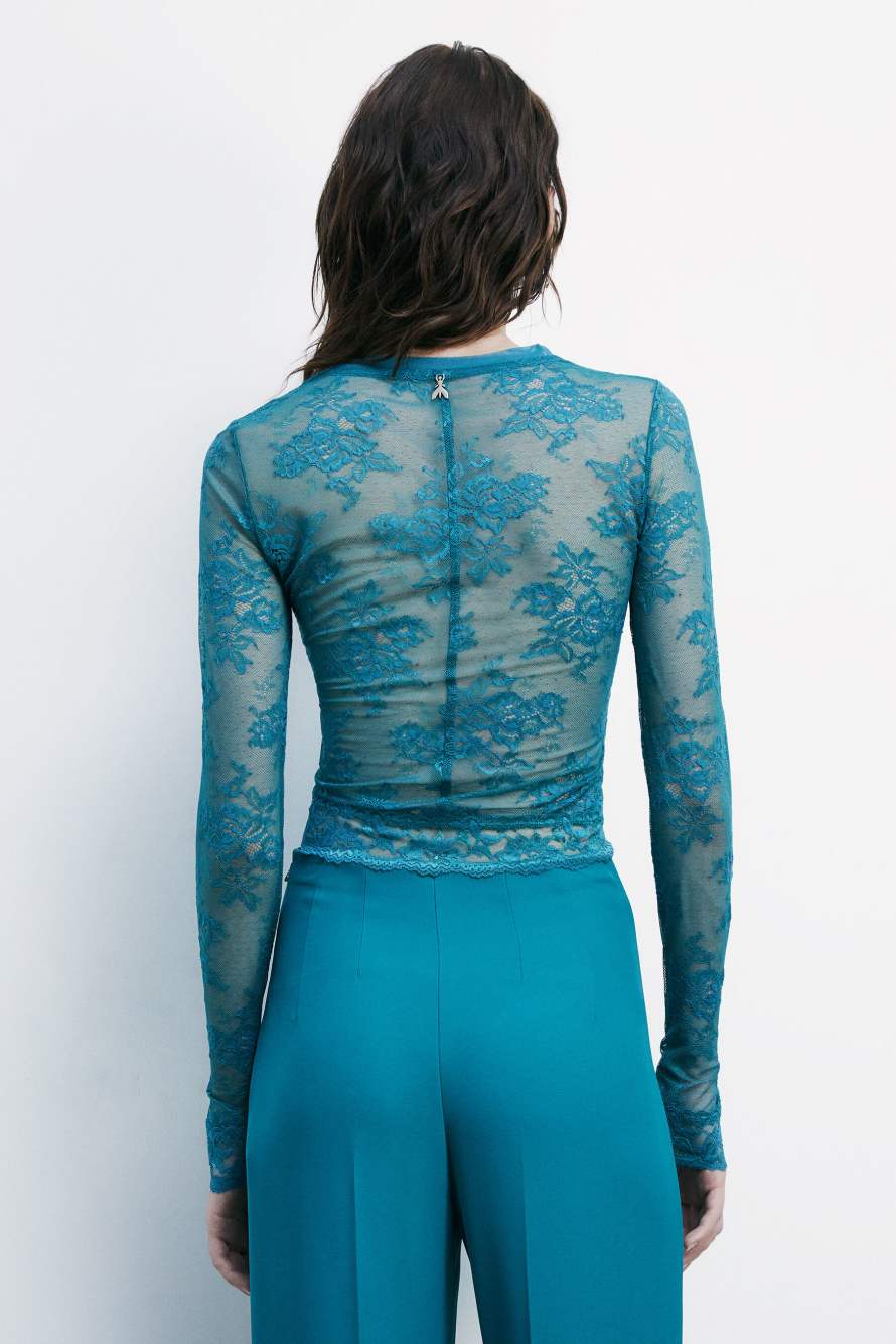 Long-sleeve top in stretch lace, Green, Patrizia Pepe