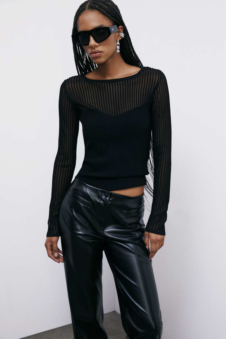 Прозрачный облегающий топ в рубчик, Черный, Patrizia Pepe