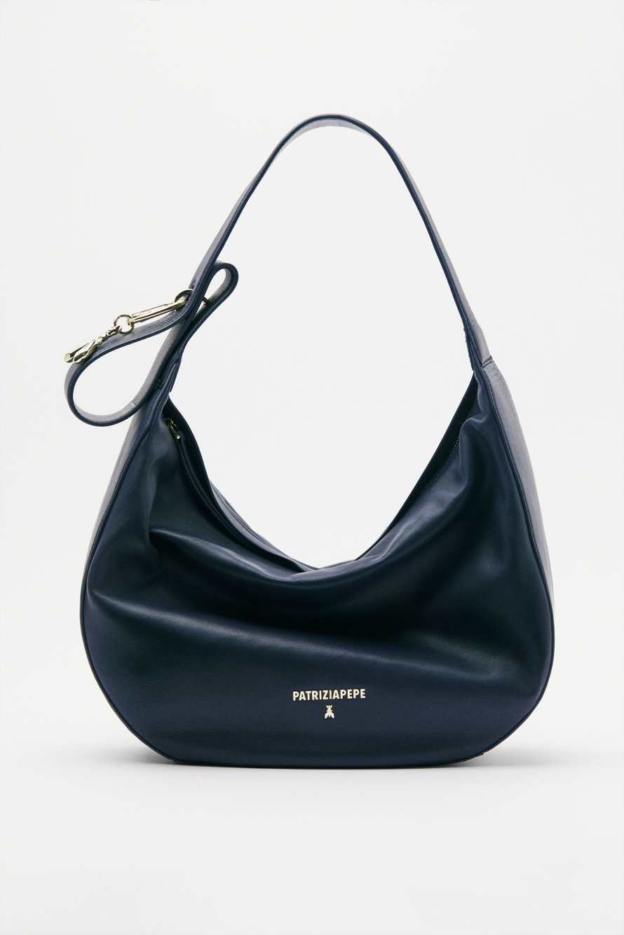 Large New Moon leather bag with shoulder strap, Blue, Patrizia Pepe