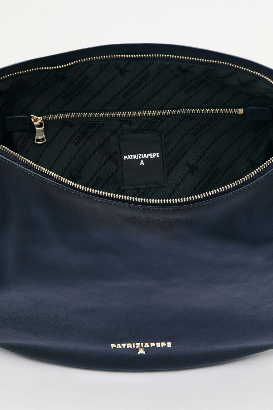 Large New Moon leather bag with shoulder strap, Blue, Patrizia Pepe