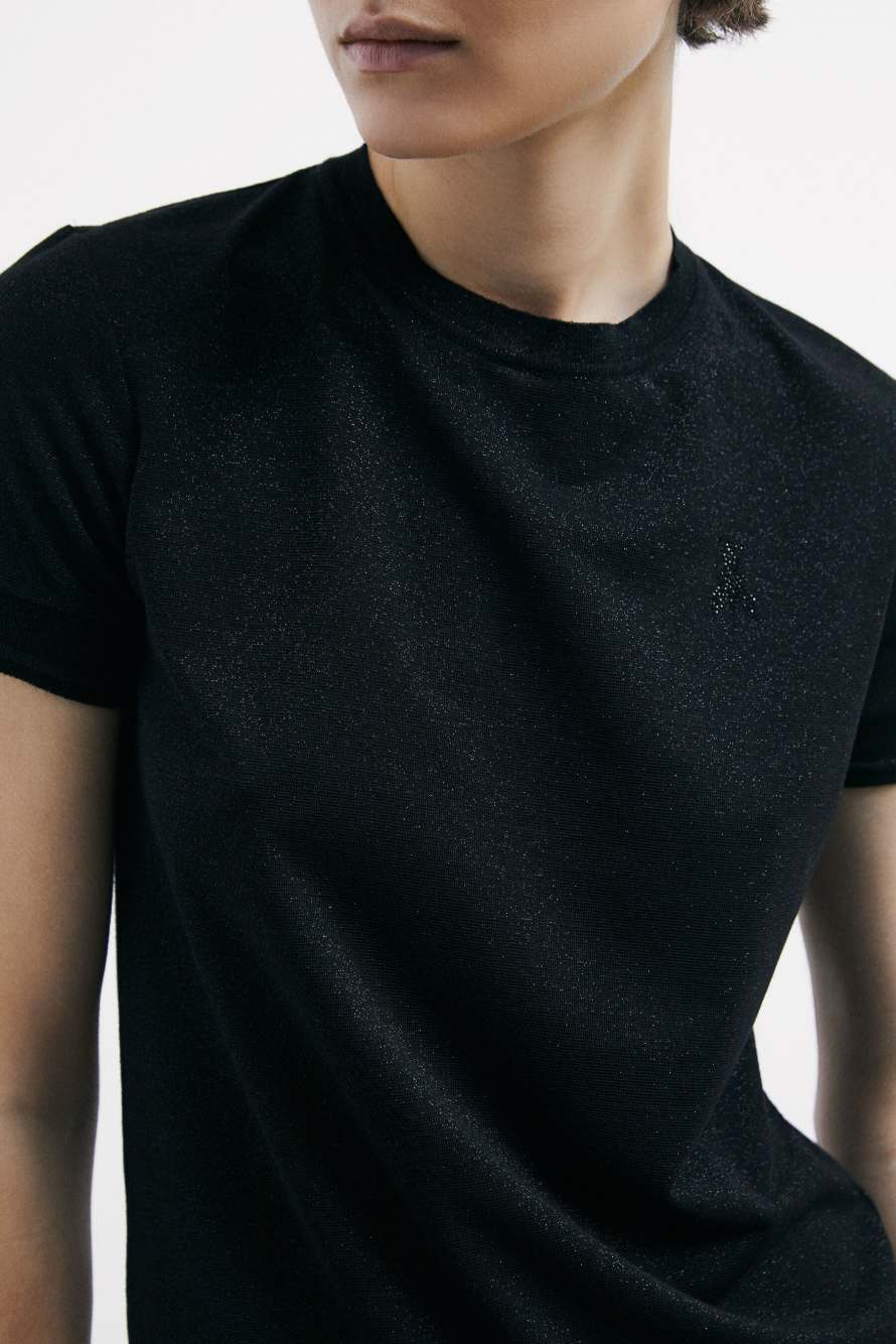 Knit T-Shirt with strass logo detail, Black, Patrizia Pepe