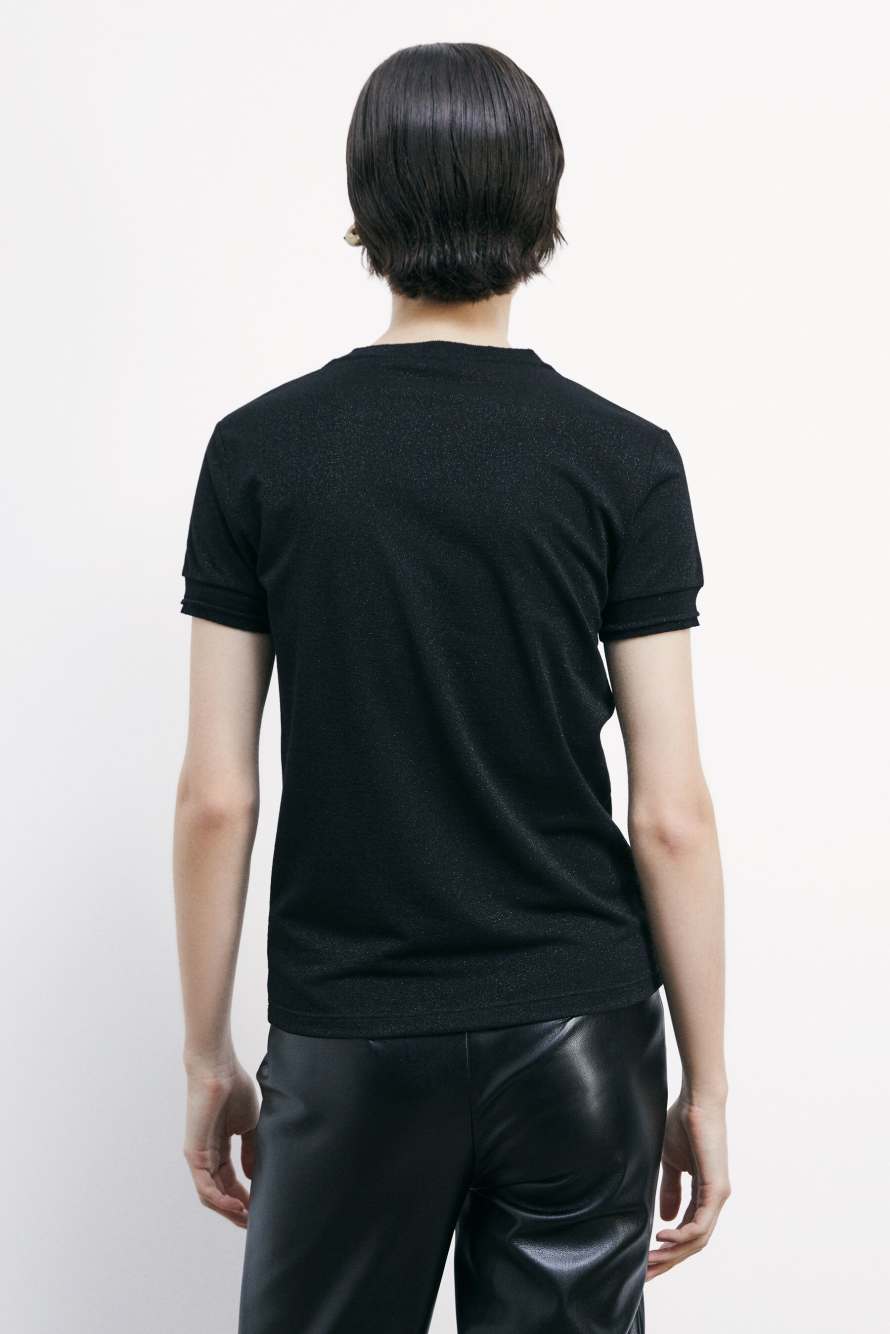 Knit T-Shirt with strass logo detail, Black, Patrizia Pepe