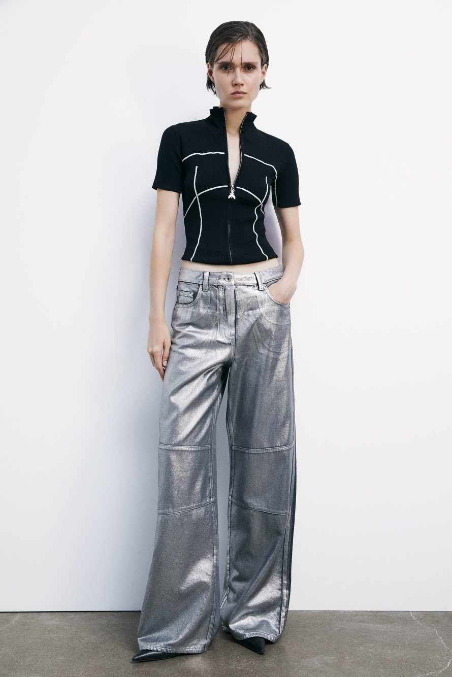 Short-sleeve full-zip knitted turtleneck, Black/White, Patrizia Pepe