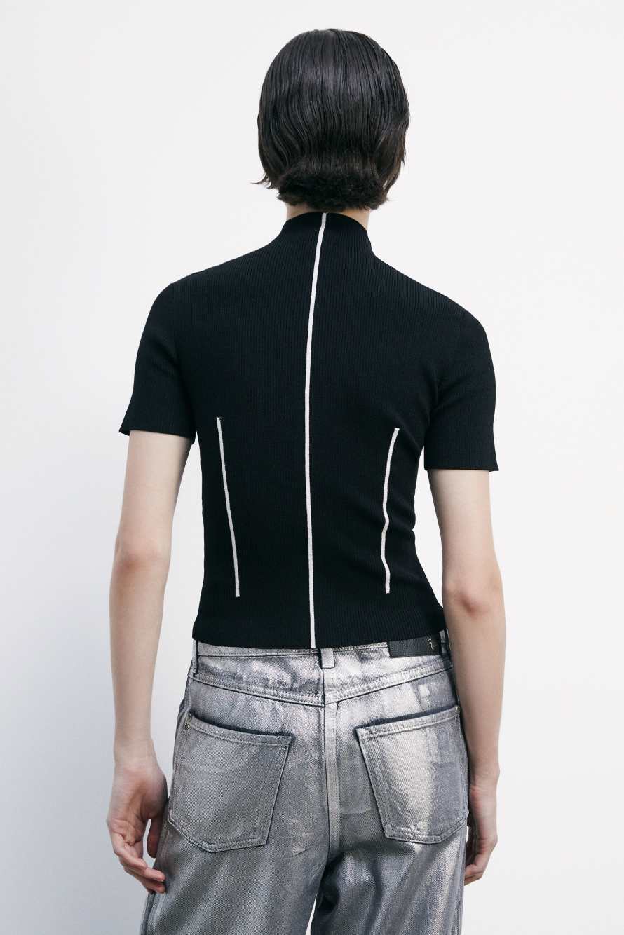 Short-sleeve full-zip knitted turtleneck, Black/White, Patrizia Pepe