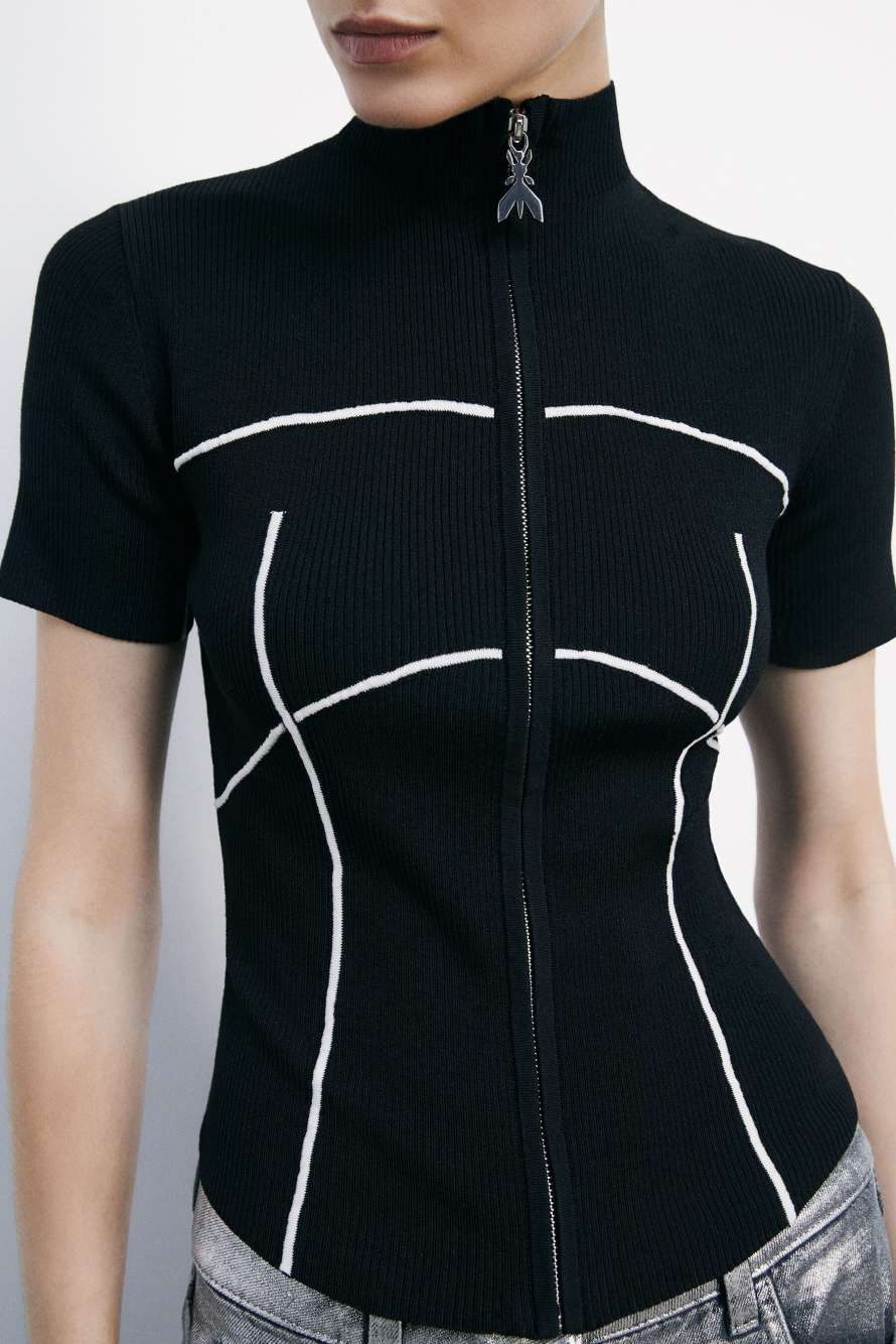 Short-sleeve full-zip knitted turtleneck, Black/White, Patrizia Pepe