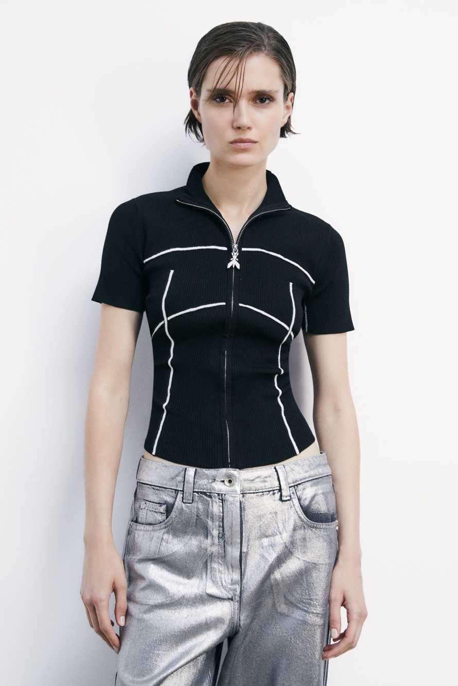 Short-sleeve full-zip knitted turtleneck, Black/White, Patrizia Pepe